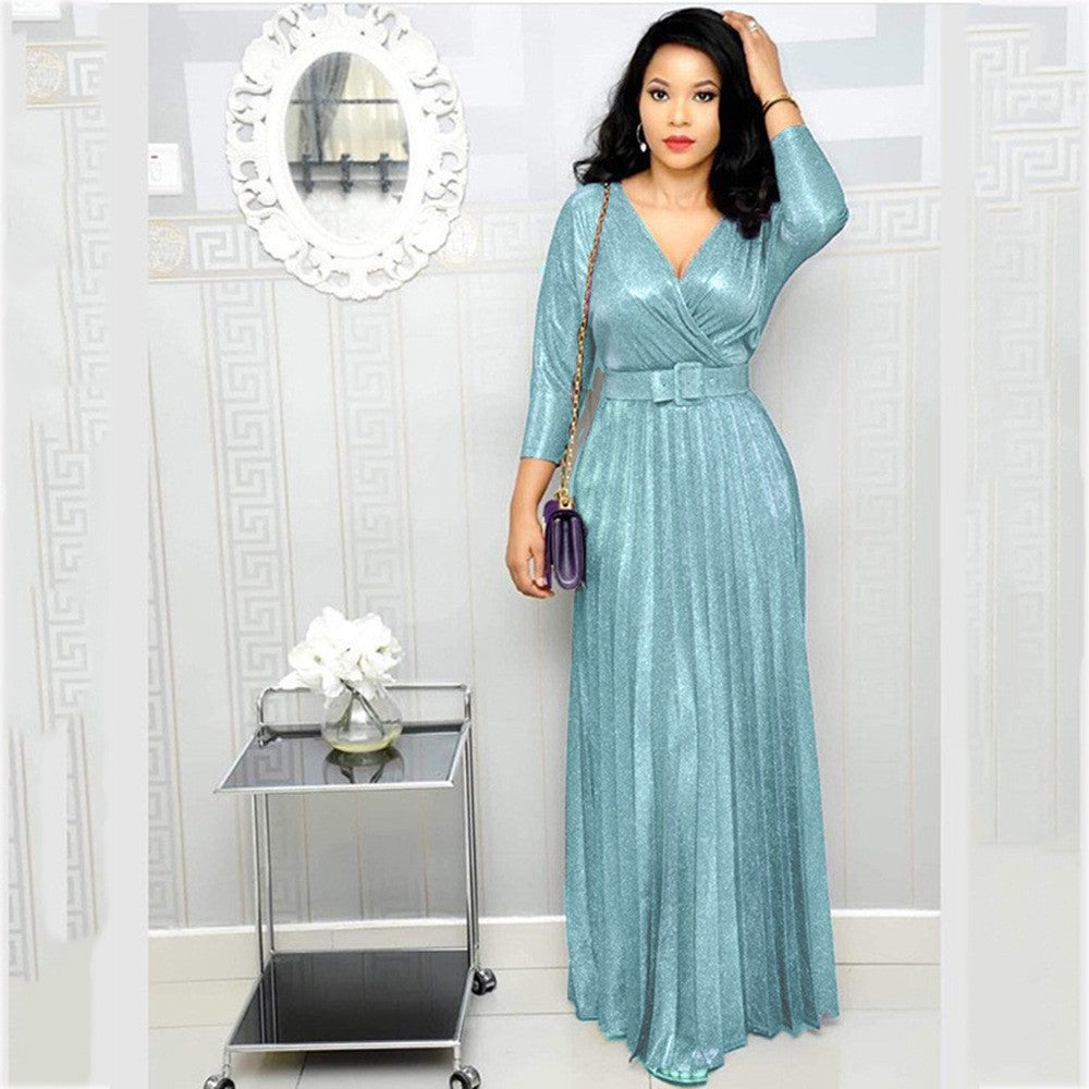 Winter African Women Wear Long Sleeve Bronzing Pleated Swing Dress with Belt Glittering Powder Fabric