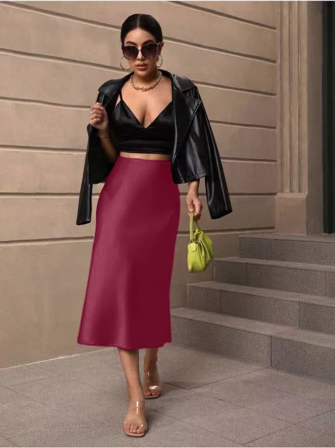 Hip Wrapped Fishtail Skirt Satin Mid Length Skirt Autumn Women Clothing Direct