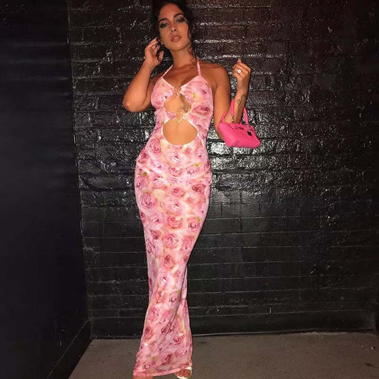 Summer Sleeveless Floral Print Lace Up Long Heart Stitching Hollow Out Cutout Dress