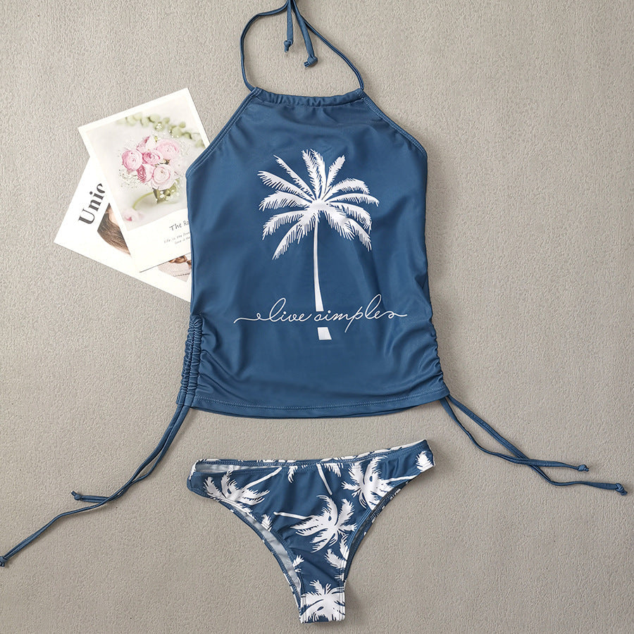 Coconut Tree Printed Lace up Swimsuit Conservative Belly Covering Women Bikini