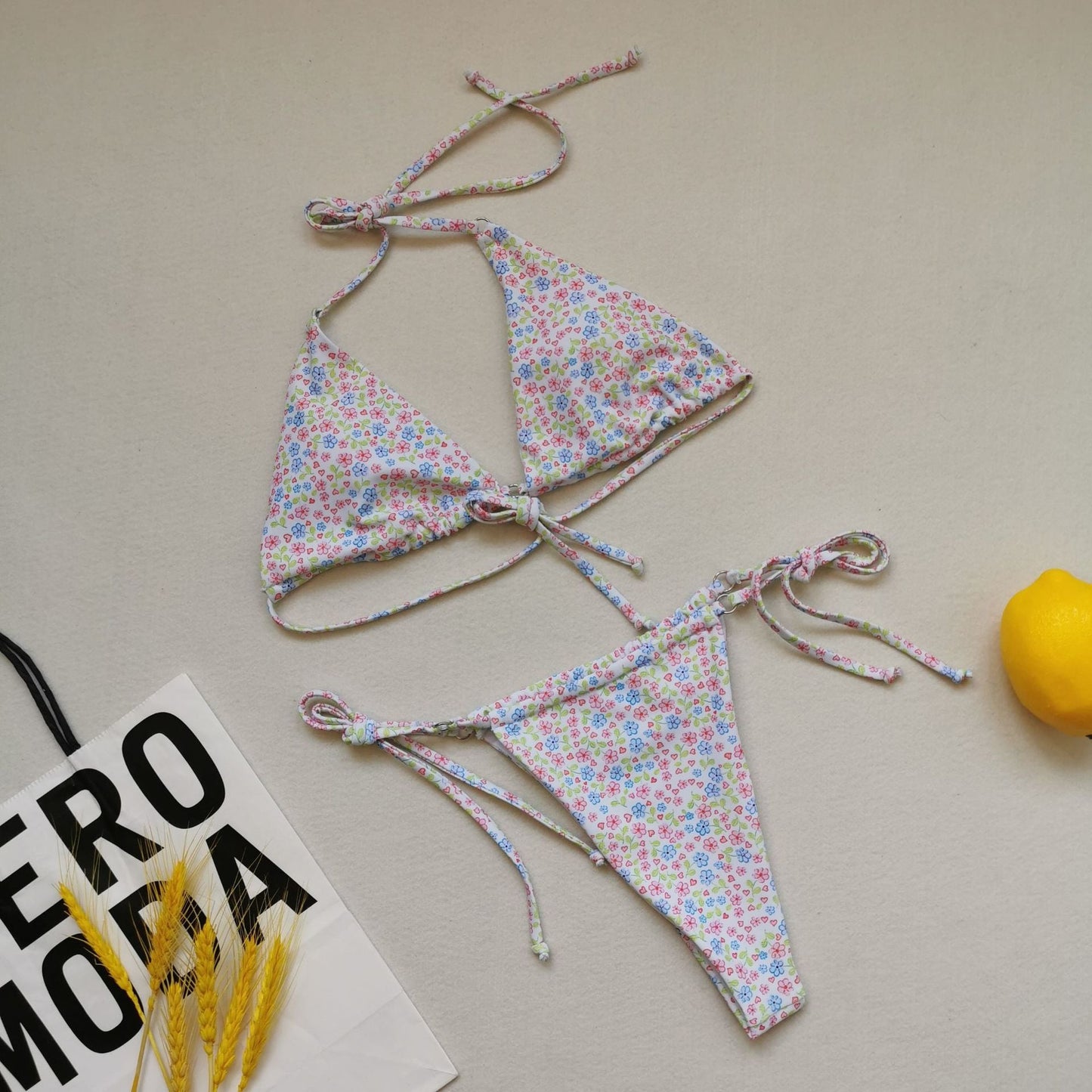 Sexy Triangle Soft Bag Drawstring Bikini Strap Backless Lace Up Swimsuit Women
