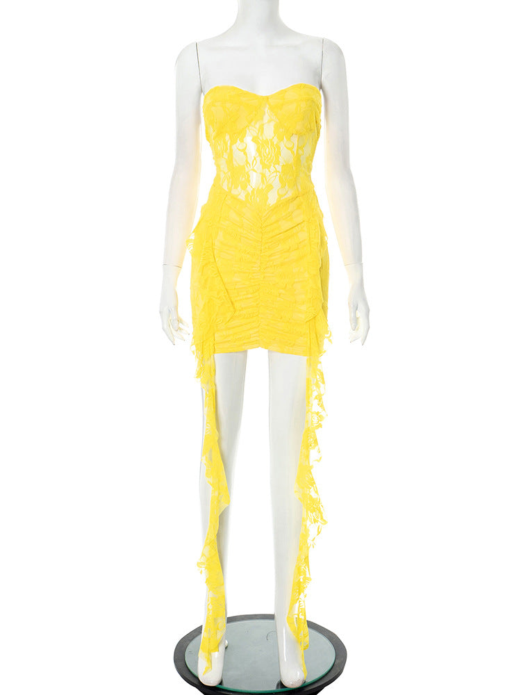 Women Clothing Sleeveless Backless Lace Ribbon Ruffled Skinny Sheath Short Dress
