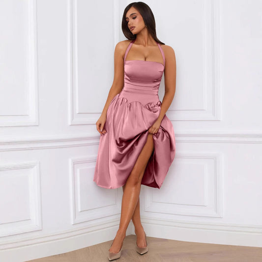 Autumn Winter Lace up Backless Midi Dress Sexy Sexy Halter Sleeveless Dress
