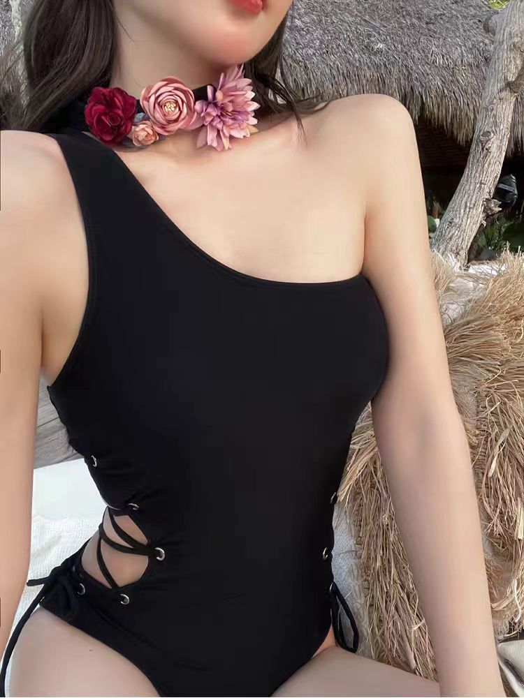 Retro Floral Shoulder Lace up Slimming Sexy Spring Vacation Swimsuit Women
