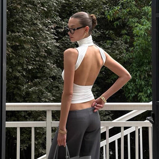 Women Clothing Summer Elegant Sleeveless Solid Color Turtleneck Backless Top