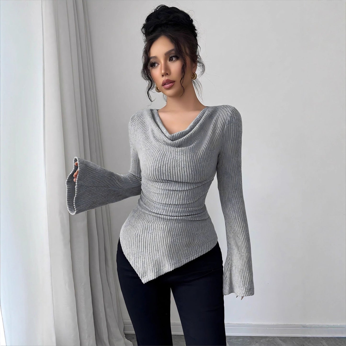Autumn Winter Women Clothing Ribbing Bottoming Sweater off the Shoulder Slim Knitted Long Sleeved Top Office