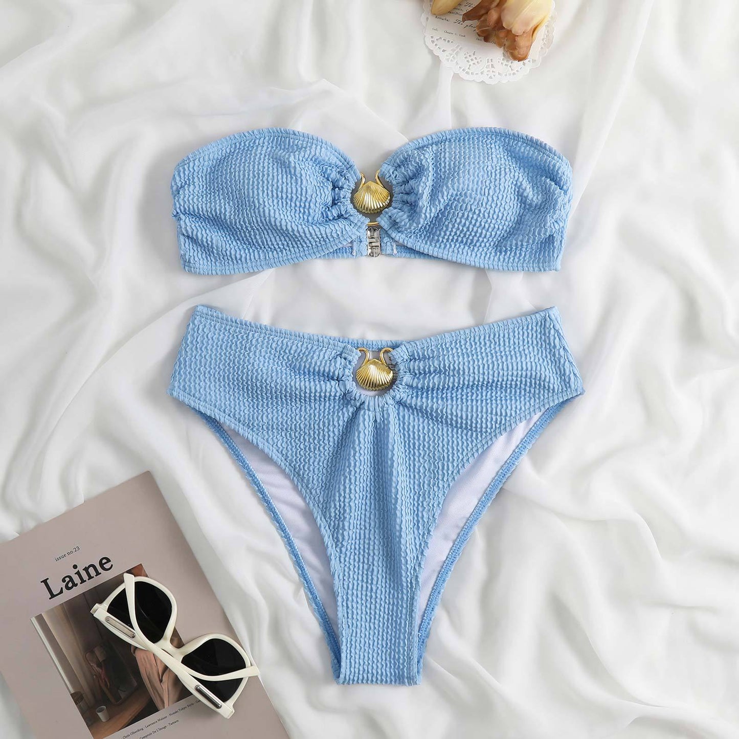 Contrast Color Soild Bikini Swimsuit Women Wave Pattern Split Swimsuit