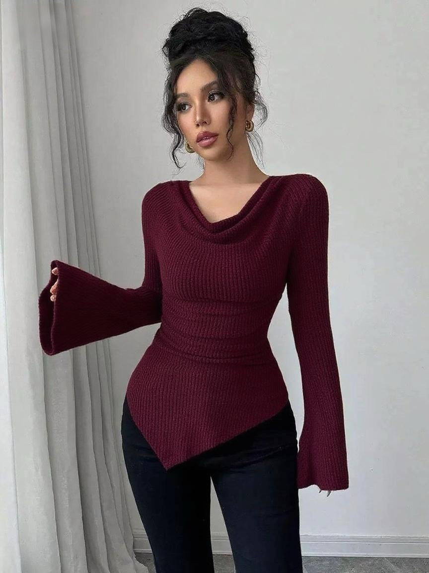 Autumn Winter Women Clothing Ribbing Bottoming Sweater off the Shoulder Slim Knitted Long Sleeved Top Office