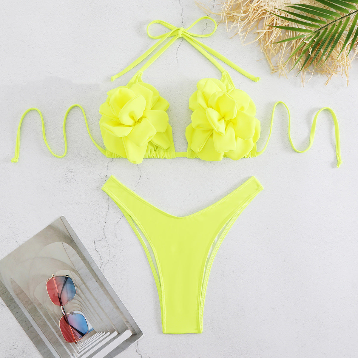 Three Point Three Dimensional 3D Floral Low Waist Bikini Sexy Split Swimsuit Women