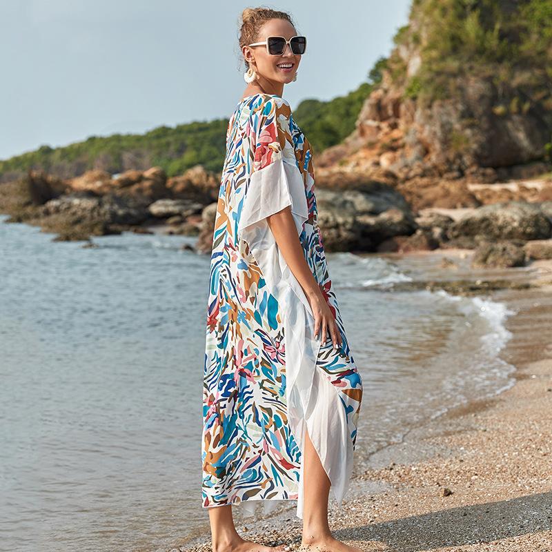 Wrinkle Solid Color Edge Robe Loose Dress Beach Sun Protection Clothing Swimsuit Bikini Cover Up Blouse