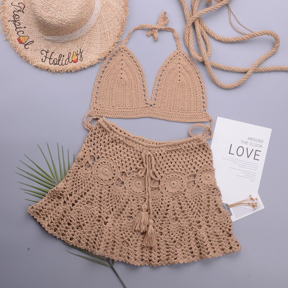 Hollowed out Lotus Bud Short Skirt Split Hand Woven Beach Swimsuit Vacation Two Piece Sets