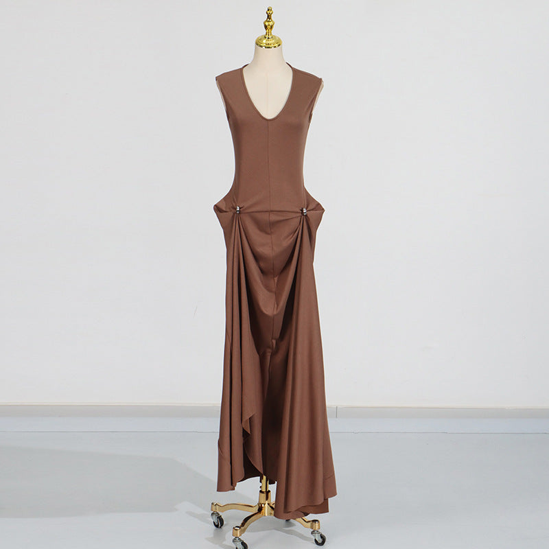 Sexy Sleeveless Dress Summer U Collar Fitted Waist Pleated Design Solid Color Dress Women