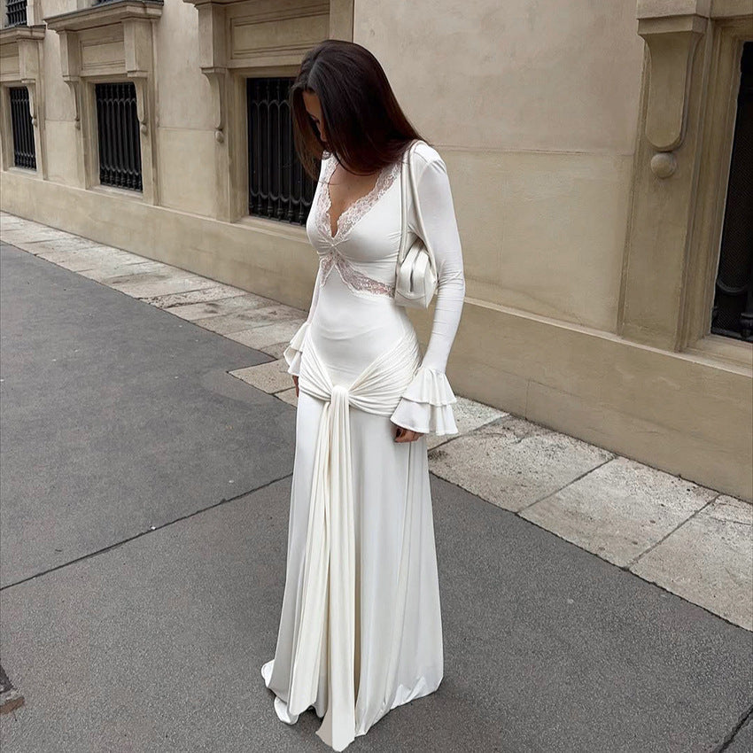 Spring Women Elegant Dress Elegant Design Sexy Lace Stitching Slim Fit Maxi Dress