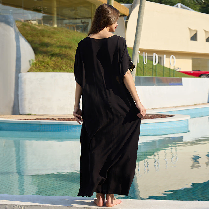 Rayon Embroidered Holiday Dress Women Loose Beach Long Robe Swimsuit Outwear Blouse Sun Protective Clothing