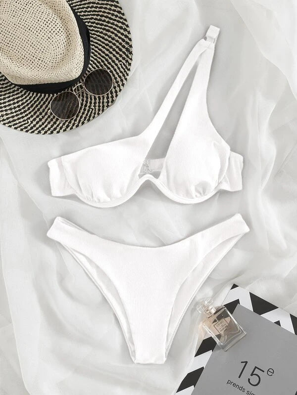 Sexy Women Seperated Swimwear Solid Color One Shoulder Underwire Bikini