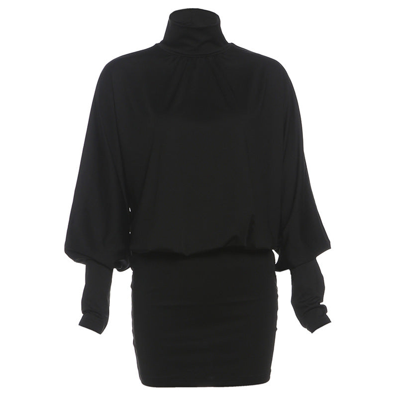 Autumn Winter Women Clothing Solid Color Sexy Turtleneck Long Sleeve Backless Baggy Package Hip Dress