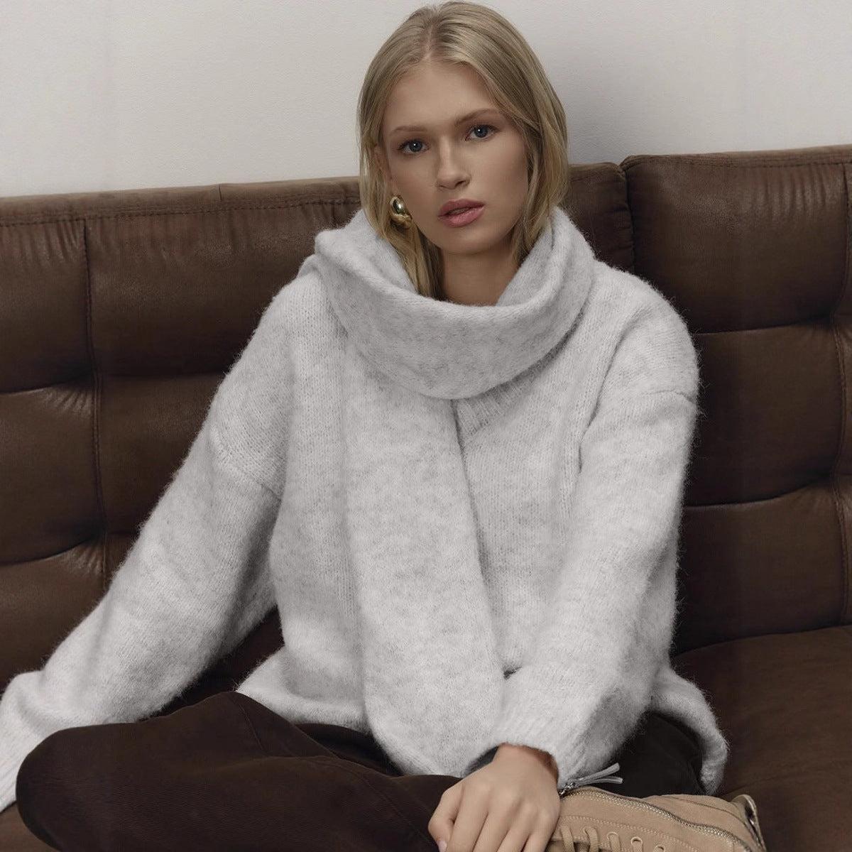 Loose Lazy Soft Wool Sweater Women Autumn Winter Pullover Loose Sweater Scarf Set