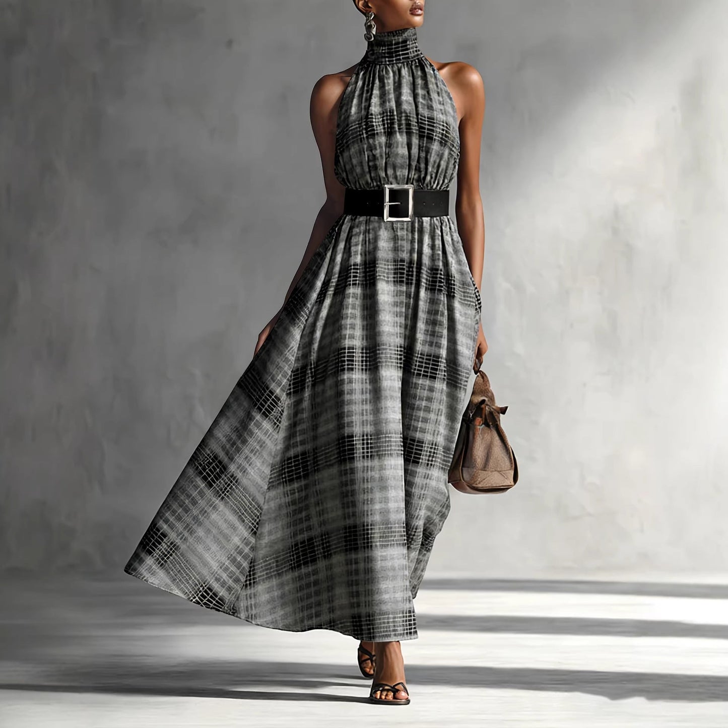 Halter Sleeveless Plaid High Waist Lace up Waist Draping Effect Large Hem A line Dress French Dress