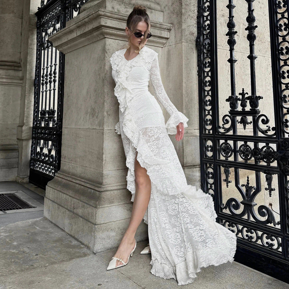 Fall Women Clothing Solid Color Sexy Cutout round Neck Irregular Asymmetric Bell Sleeve Dress Women