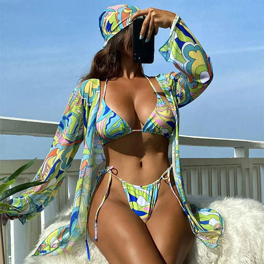 【MOQ-5 packs】 Printed Shawl Halter Swimsuit Three Piece Set Mesh Sunscreen Beach Spring Bikini