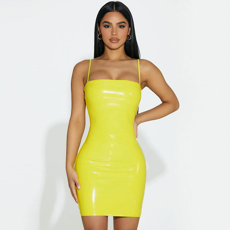 Women Clothing Summer Sexy Strapless Suspenders Tight Waist Sheath Dress Faux Leather Women