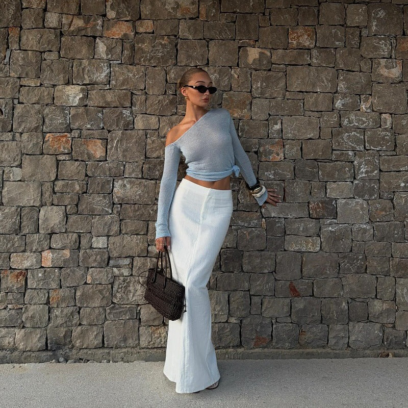 Women Clothing Autumn Sexy Solid Color Diagonal Collar Cropped Knitted Long Sleeved T shirt Top