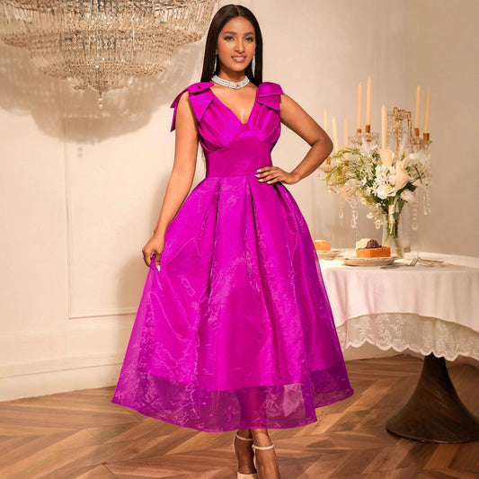 Sexy V neck Bow Sleeveless Dress High Waist Slim Fit Elegant Party Evening Dress