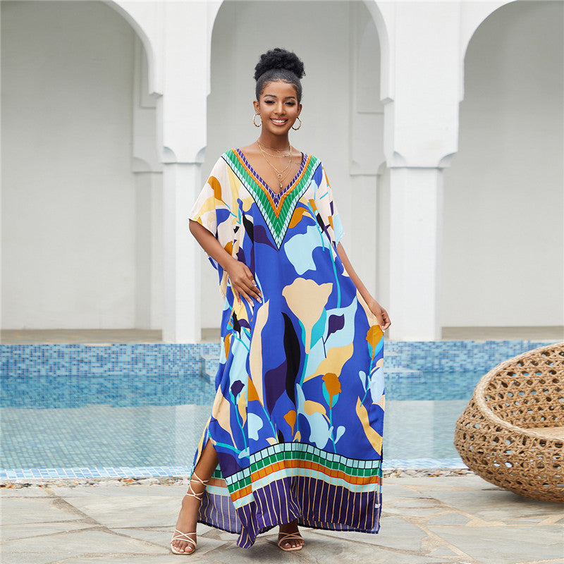 Printed Beach Blouse Loose Robe Vacation Sun Protection Shirt Beach Cover Up