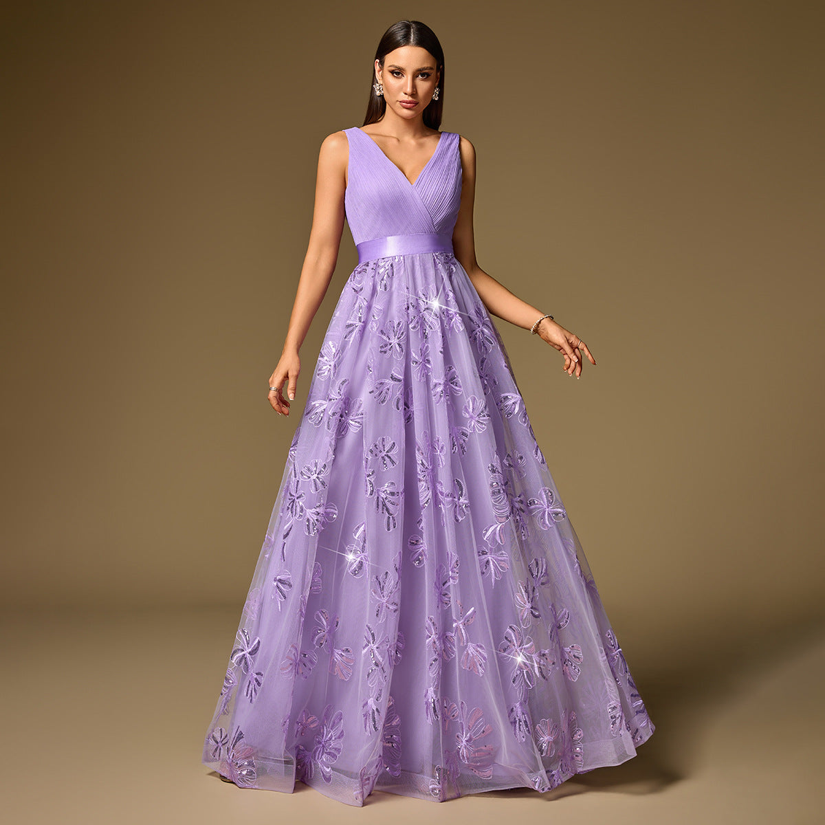 Handmade Pleated Embroidered Cloth Stitching Short Sleeve Double V neck Party Dress Back Zipper A Swing Dance Dress