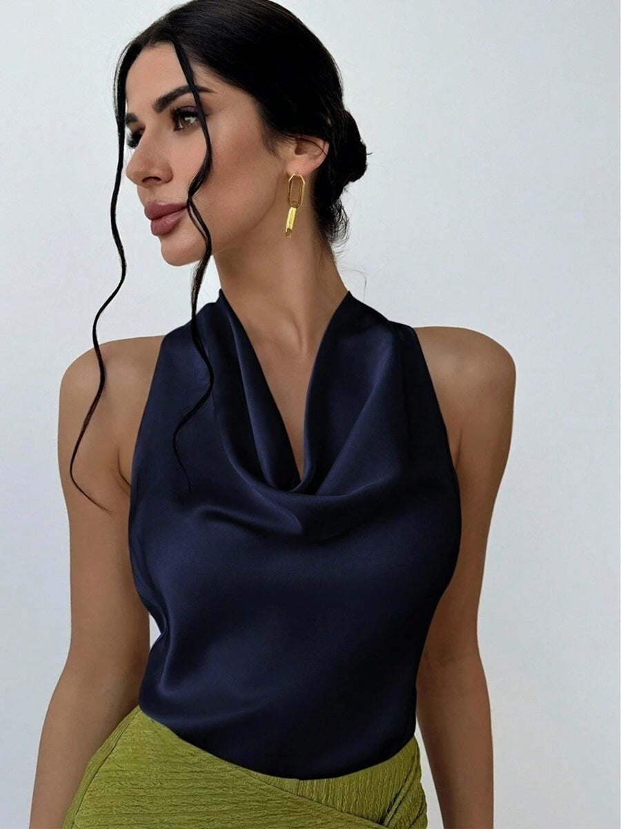 Women Clothing Sexy Sleeveless Satin Shirt Spring Autumn Work Women Shirt