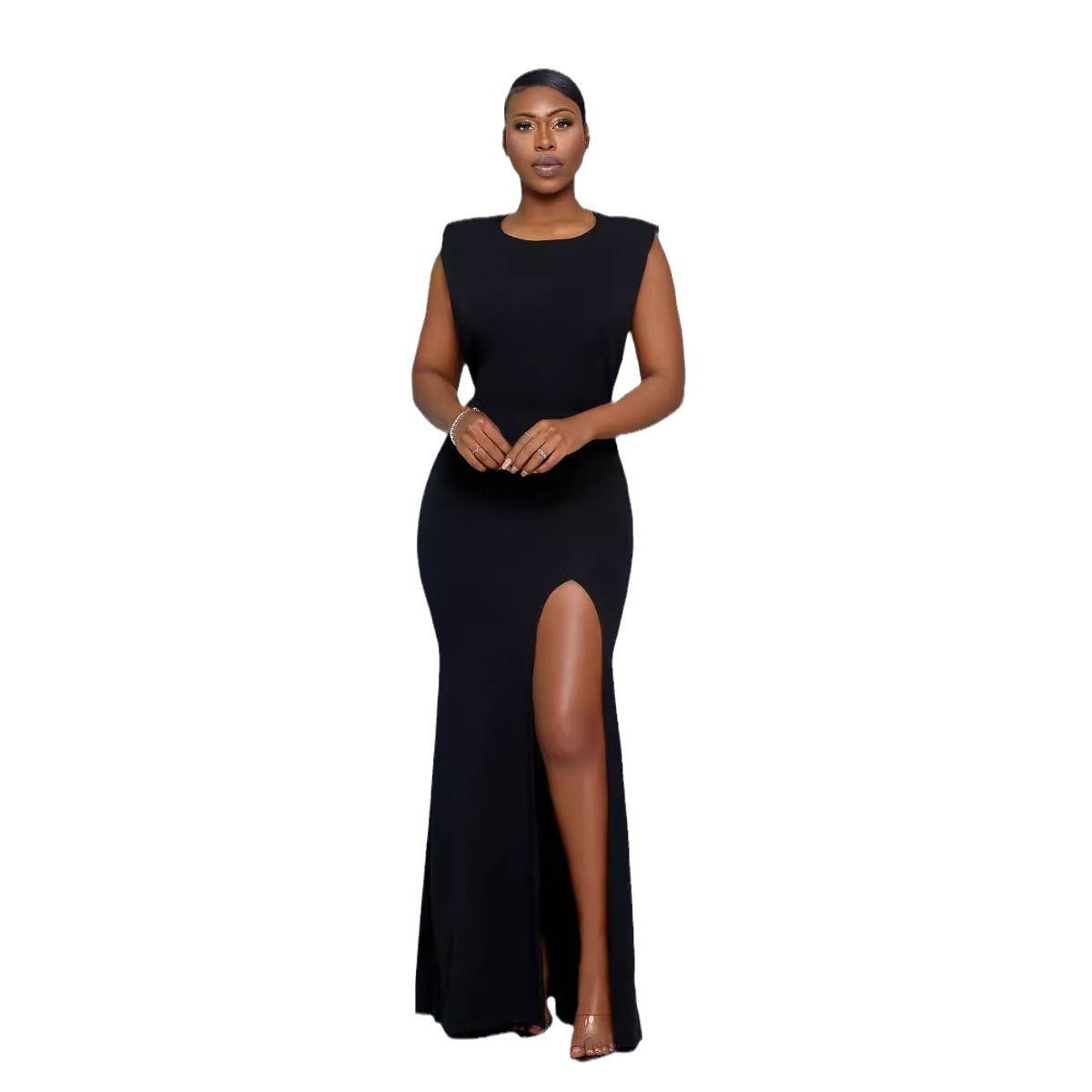 Round Neck Back Hollow Out Cutout Rhinestone Strip Slim Fit Slit Dress