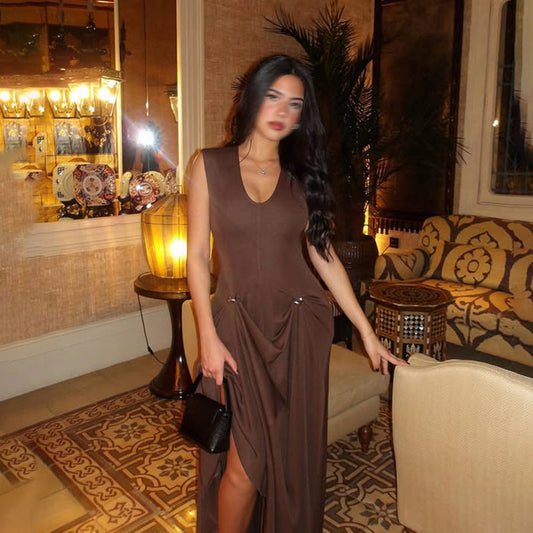Sexy Sleeveless Dress Summer U Collar Fitted Waist Pleated Design Solid Color Dress Women