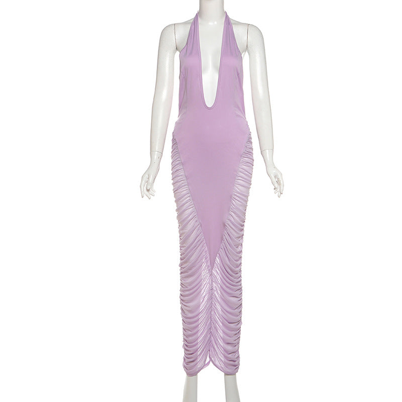 Summer Women Clothing Sexy Deep V Plunge neck Halter Stitching Mesh High Waist Dress