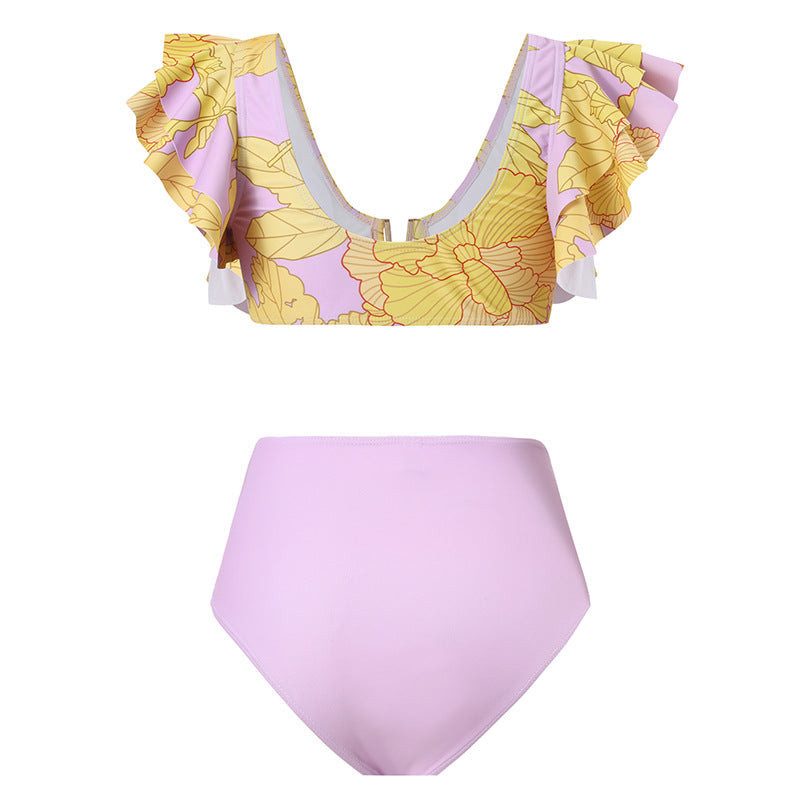 French Retro Printed One Piece Swimsuit Women Spring Vacation Beach Dress Three Piece Bikini
