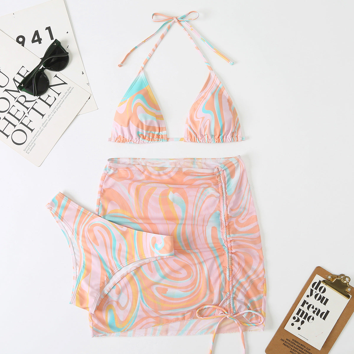Women Swimsuit Women Split Three Piece Skirt Striped Bikini