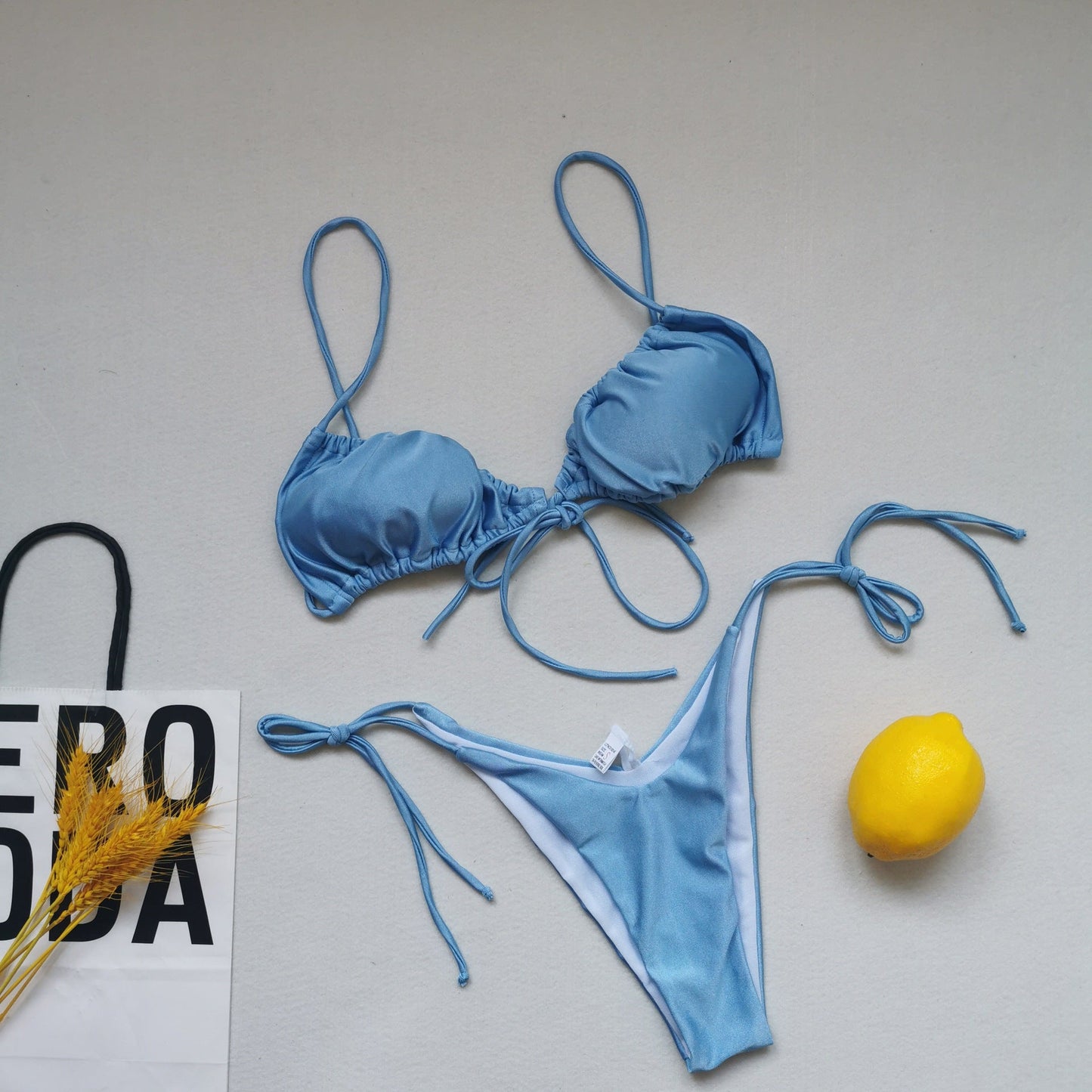 Sling Bandage Swimsuit Women Pleated Push up Drawstring Sexy Solid Color Bikini Swimsuit