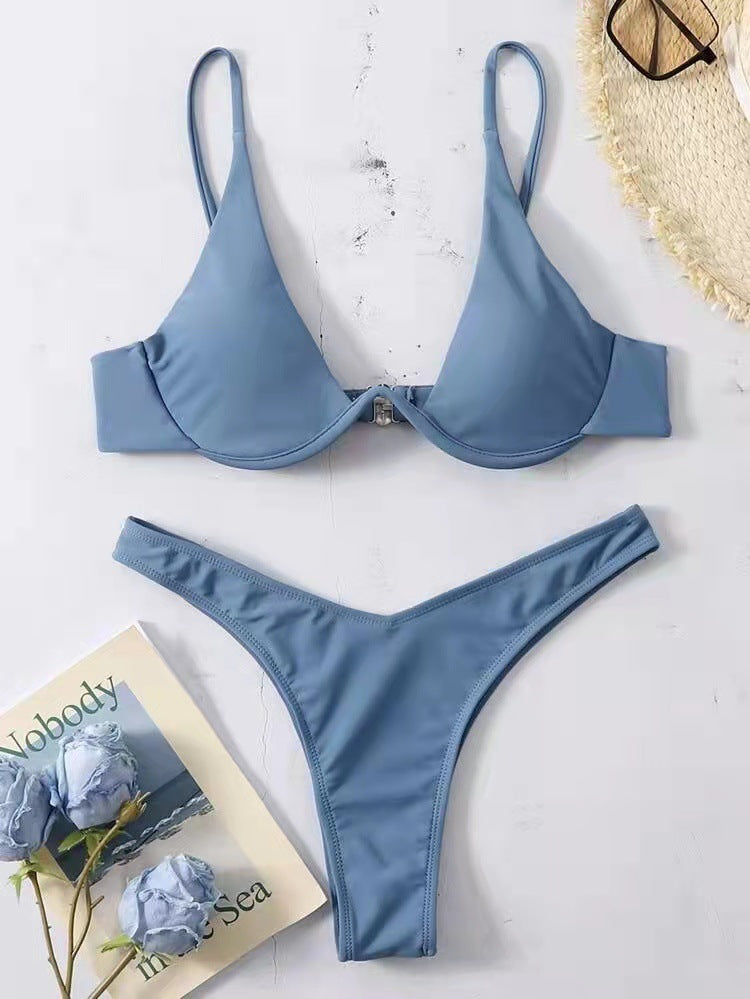 Sexy Bikini Split Gathering Steel Bracket Solid Color Swimsuit Women