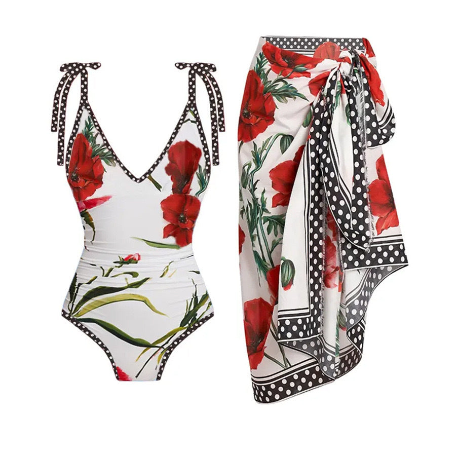 Printing One Piece Women Swimwear French Retro Cover Belly Slimming Swimsuit Chiffon Sand