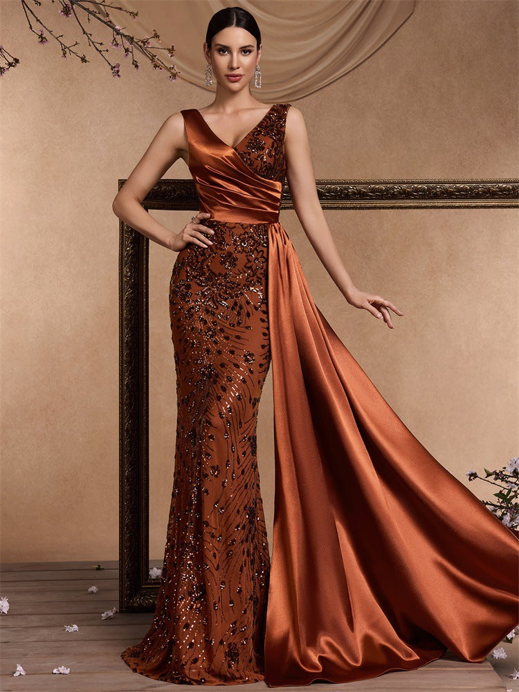Elegant Sequin Stitching Fit V neck Sleeveless Elegant Gorgeous Noble Cocktail Party Formal Dinner Dress
