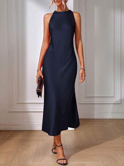 Satin Dress Women Clothing Spring Summer Sleeveless Split Satin Imitation Silk Maxi Dress