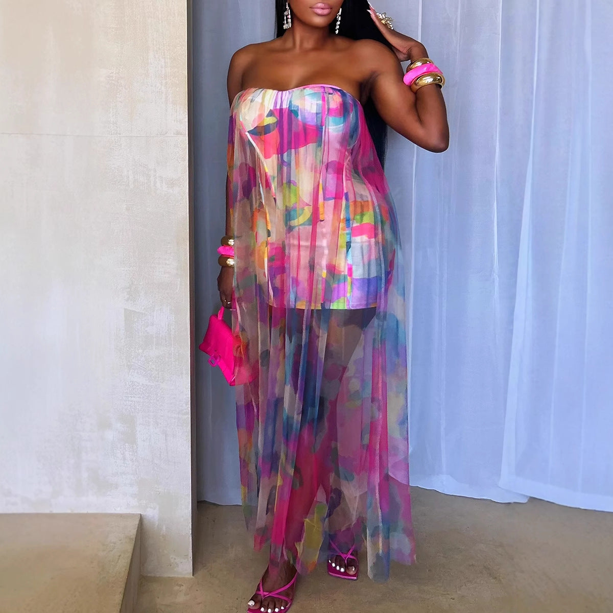 Women Sexy See through Stretch Mesh Stitching Hip Slim Fit Dress