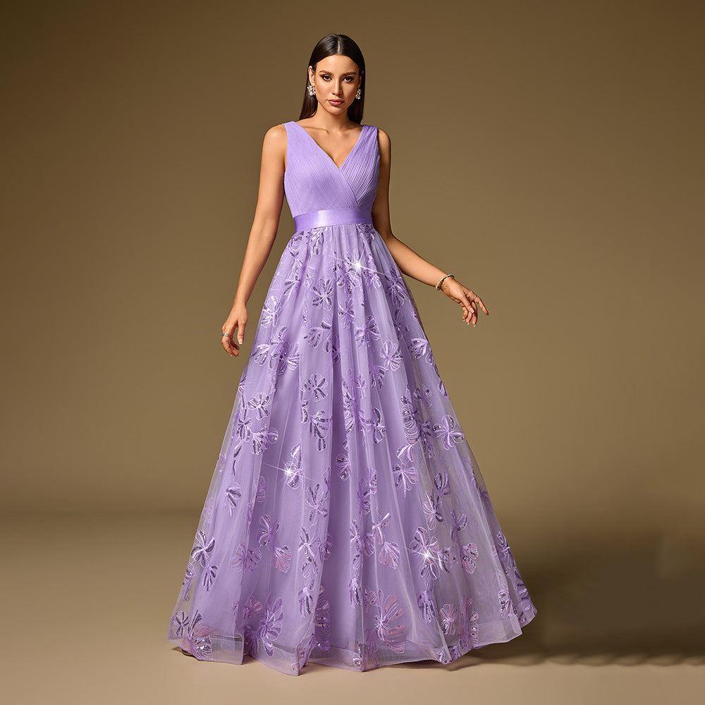 Handmade Pleated Embroidered Cloth Stitching Short Sleeve Double V neck Party Dress Back Zipper A Swing Dance Dress