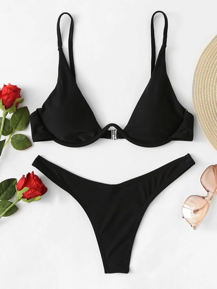 Sexy Bikini Split Gathering Steel Bracket Solid Color Swimsuit Women