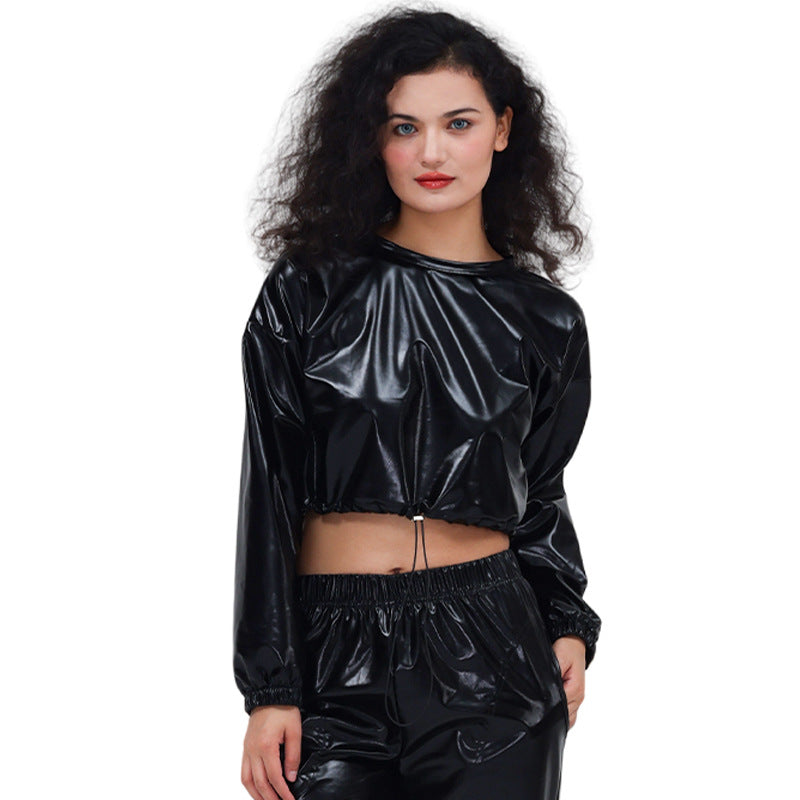 Bronzing Bright Leather Sexy Cropped Long Sleeve Hooded Pullover Short Drawstring Sweatshirt