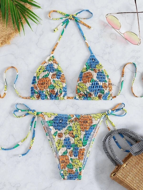 Sexy Lace up Bikini Split Swimsuit Women Pleated Floral Halter Swimsuit Bikini