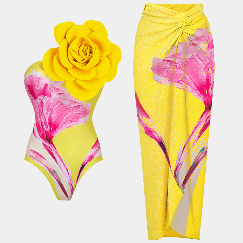 One Piece Swimsuit Women Skinny Slimming Big Floral Swimsuit Outfit Chiffon Dress