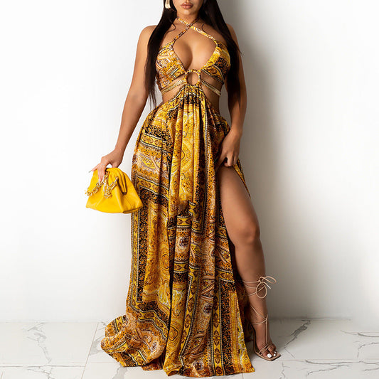 Women Clothing Sleeveless Printed Halter Dress Split Dress