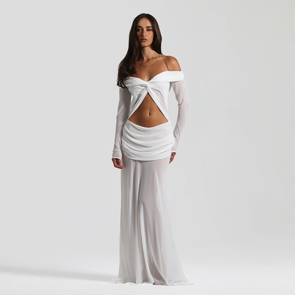 Summer Arrival Twisted Chiffon off Shoulder Maxi Dress Sexy Cropped Pleated Dress
