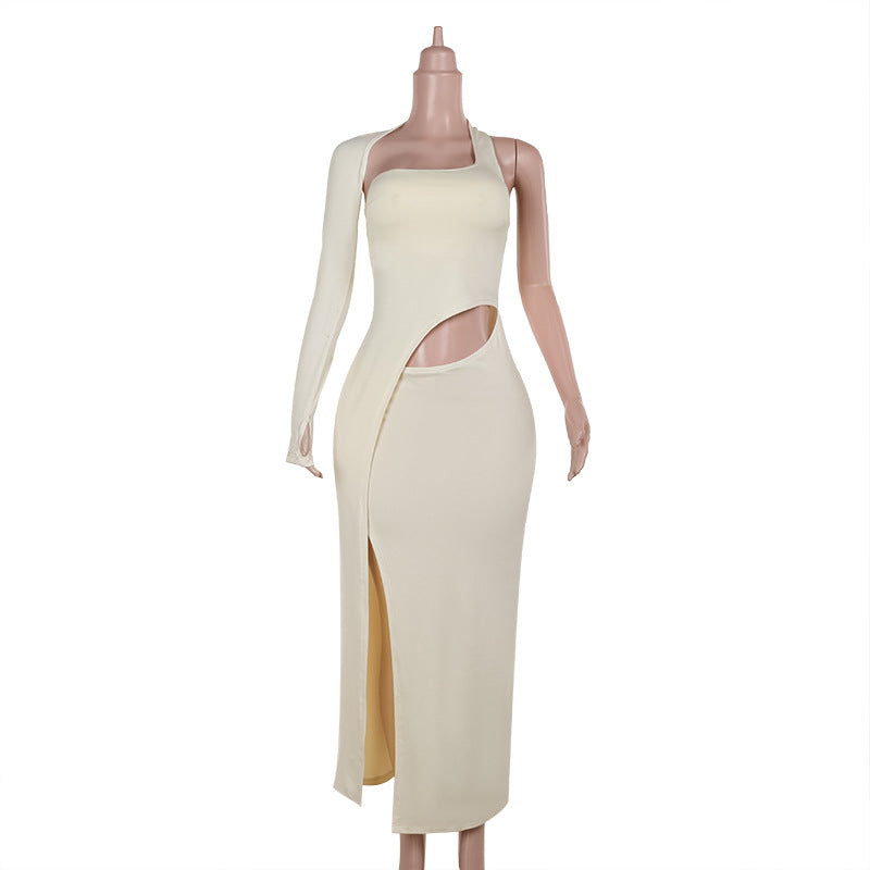 Autumn Elegant Sexy Design Hollow Out Cutout out Single Sleeve Split Dress Women