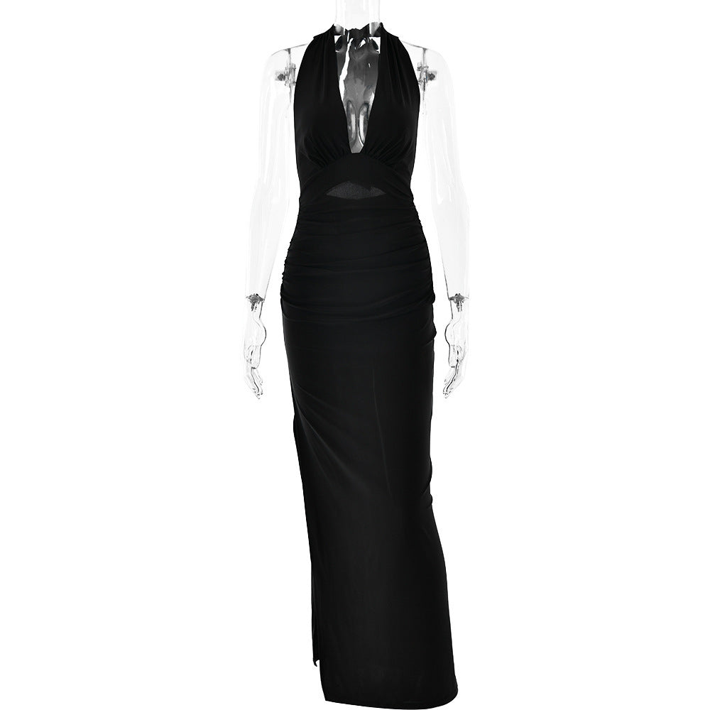Summer Sexy V neck Halter Backless Dress Solid Color Split Dress